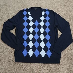 Express Women's Silk Cashmere V-Neck Sweater with Blue and White Argyle size L.